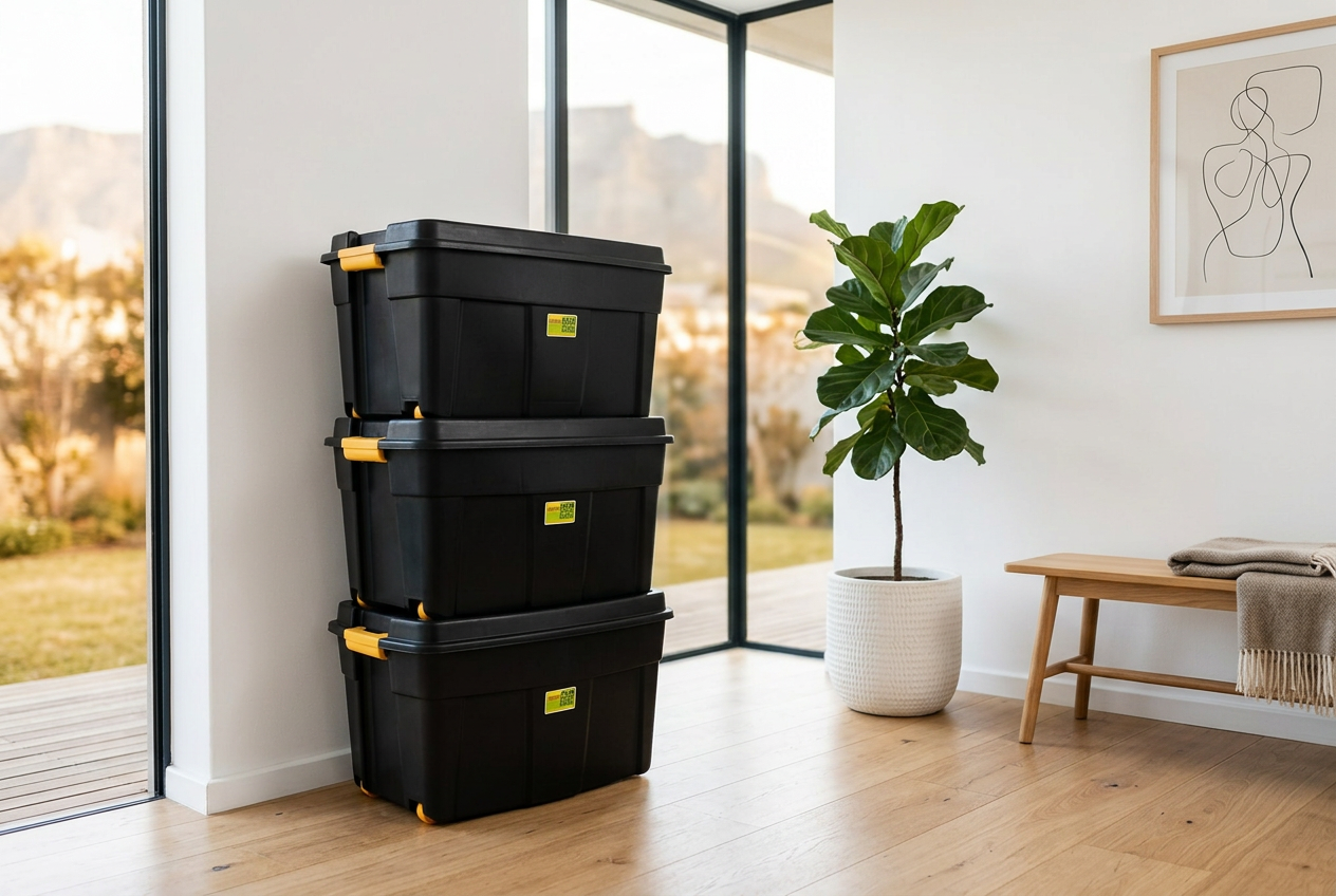 Stack of blue plastic moving totes in a Cape Town home
